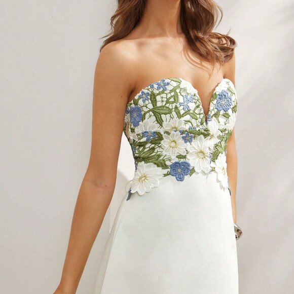 Black And White Elegant Women's Strapless Colorful Lace A-Line Mini Dress - Picture 5 of 5